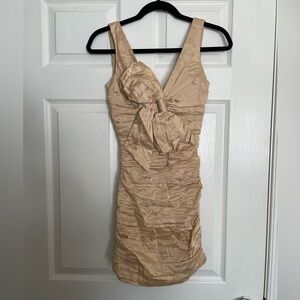 BCBGMaxAzria Champagne Tan Ruched Mini Bow Dress